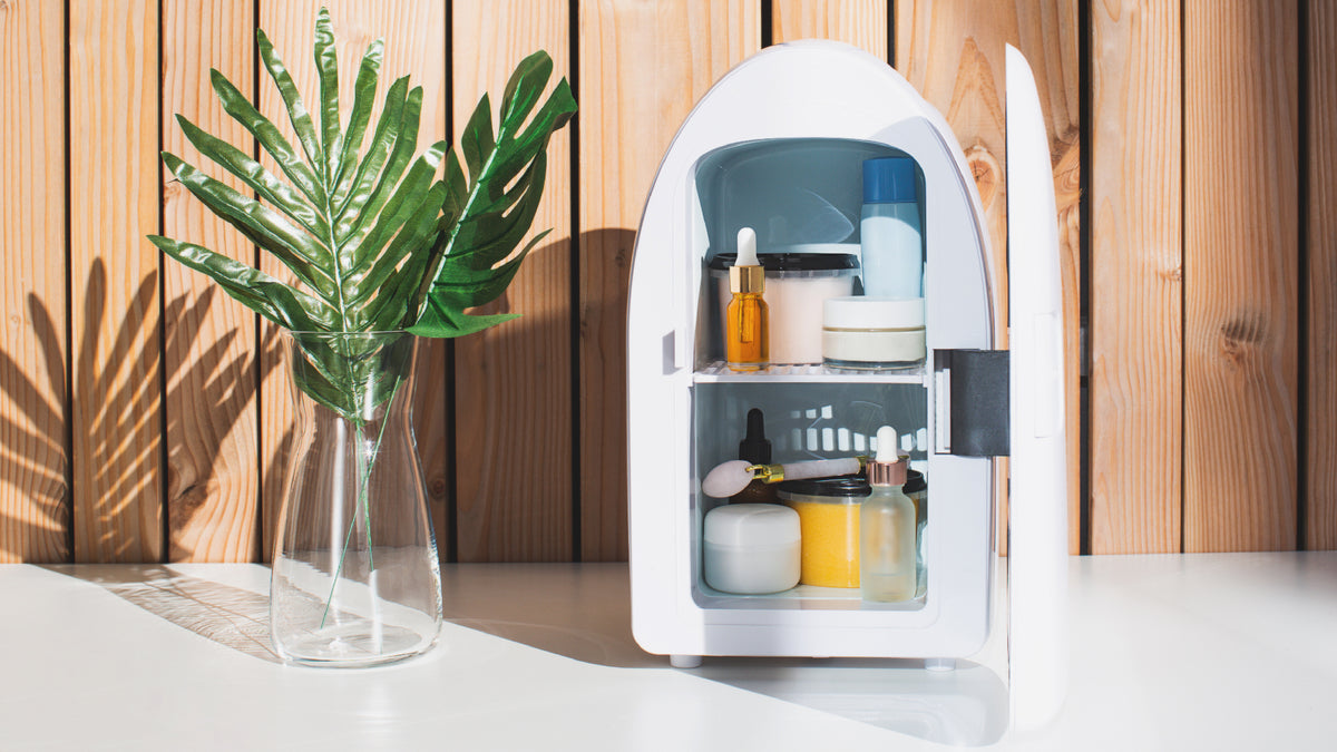 lifestyle image of mini skincare fridge