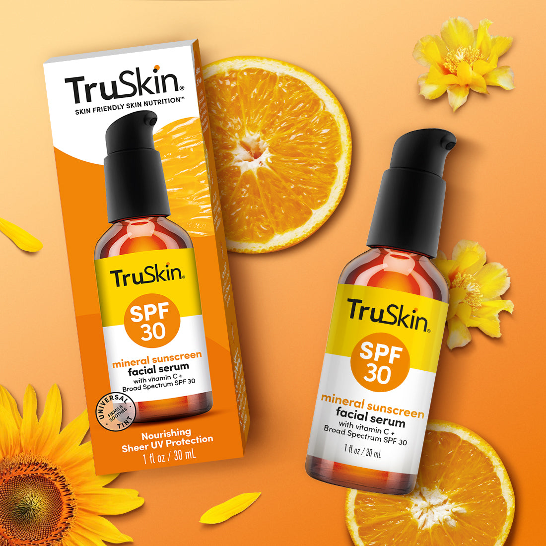 Packaging and bottle of TruSkin SPF 30 Mineral Sunscreen Facial Serum with orange slices, sunflowers, and leaves on an orange background.