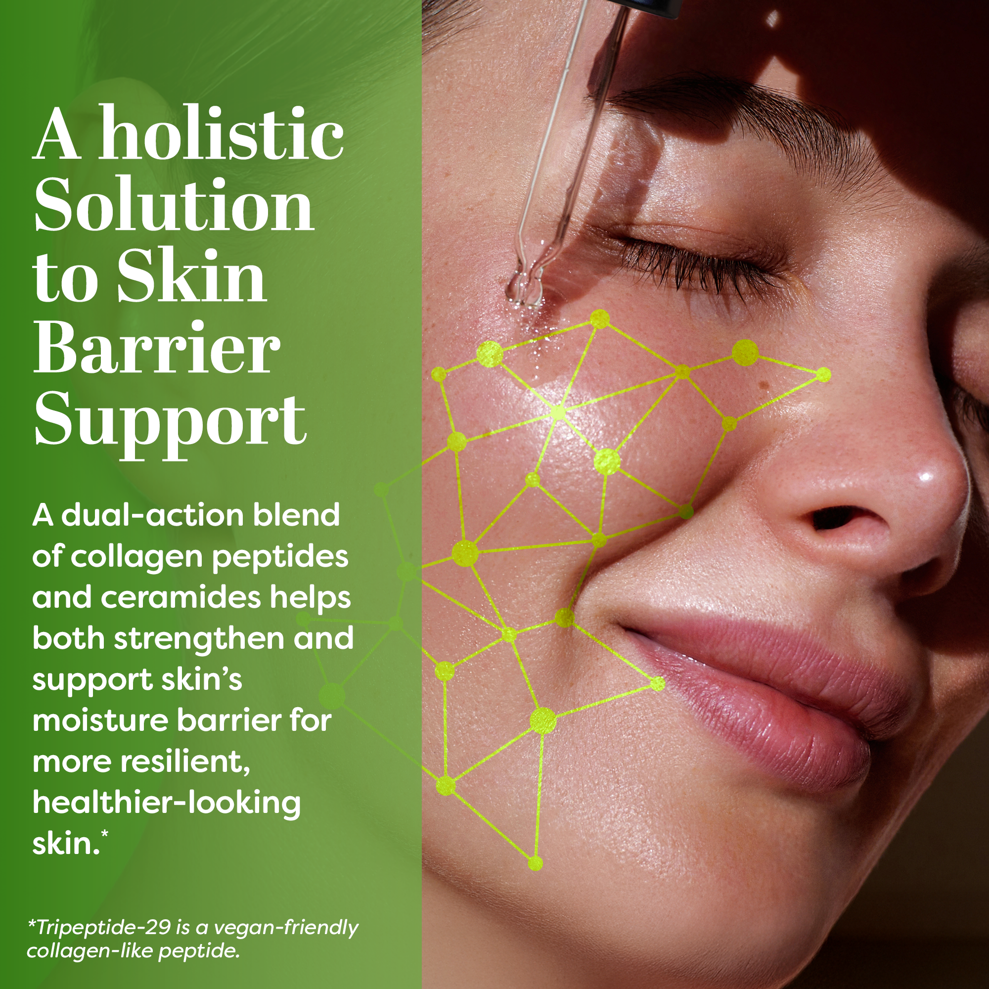 Close-up of a woman's face with text about skin barrier support and a green background.
