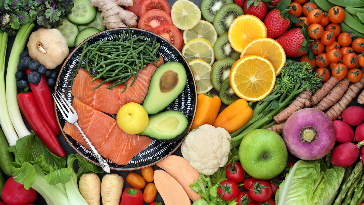 close-up of various fruit, vegetables and salmon