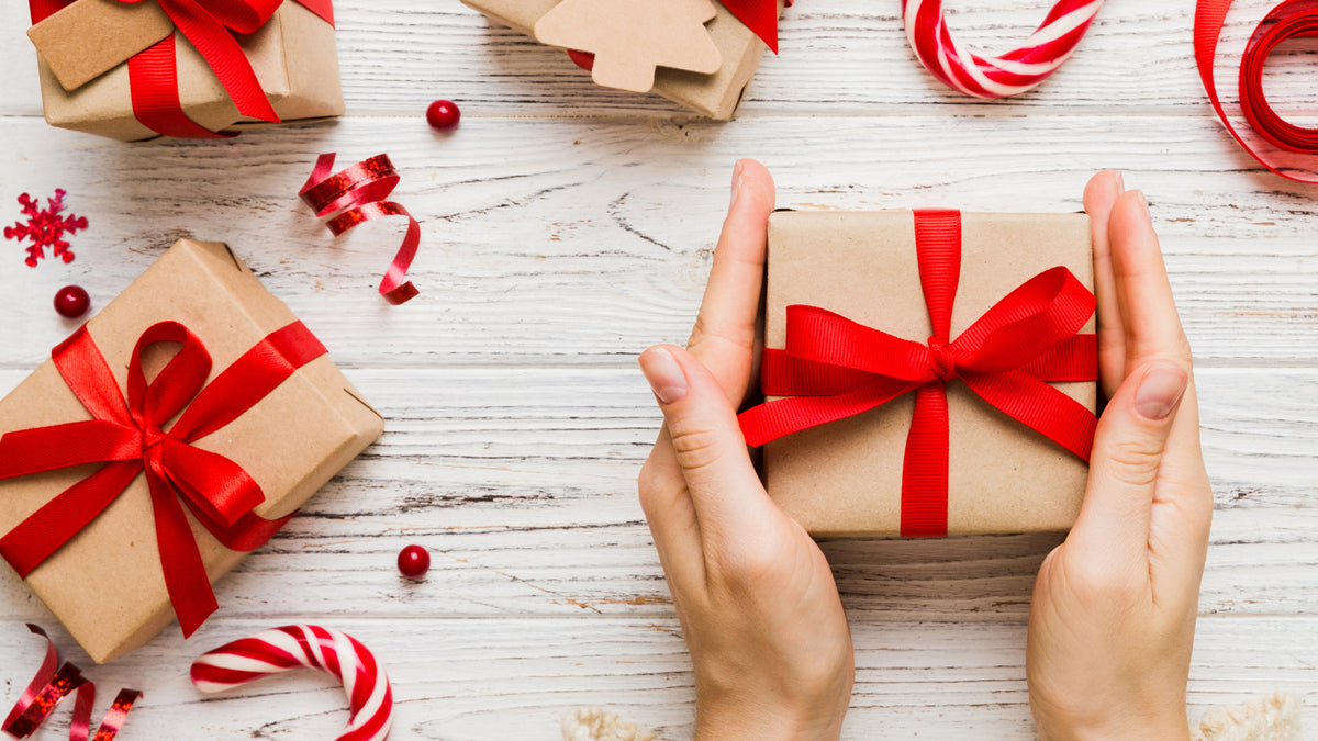 holiday gift wrapped in brown paper and red ribbon