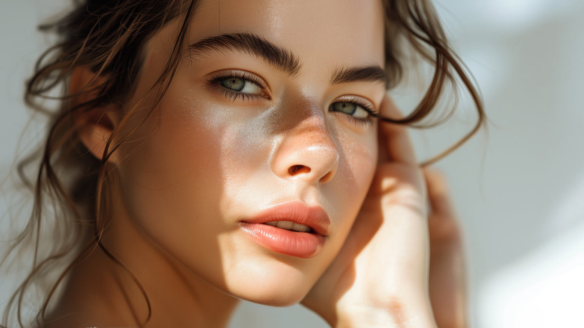 beautiful young brunette woman in dappled sunshine with glowing skin