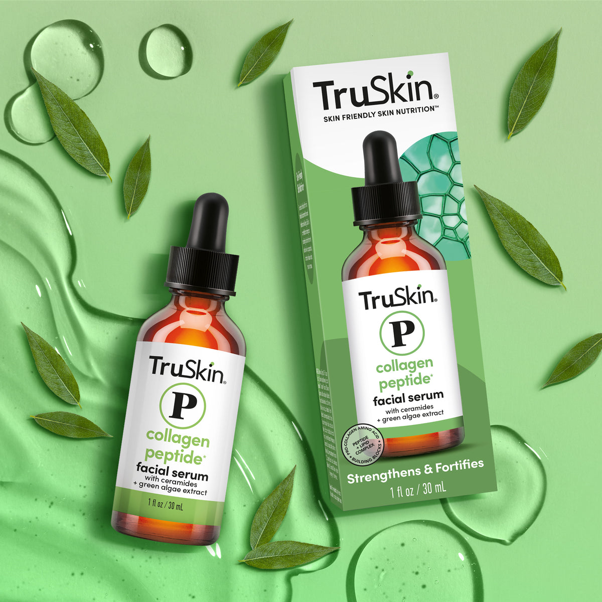 TruSkin collagen peptide facial serum with packaging on a green background with leaves.