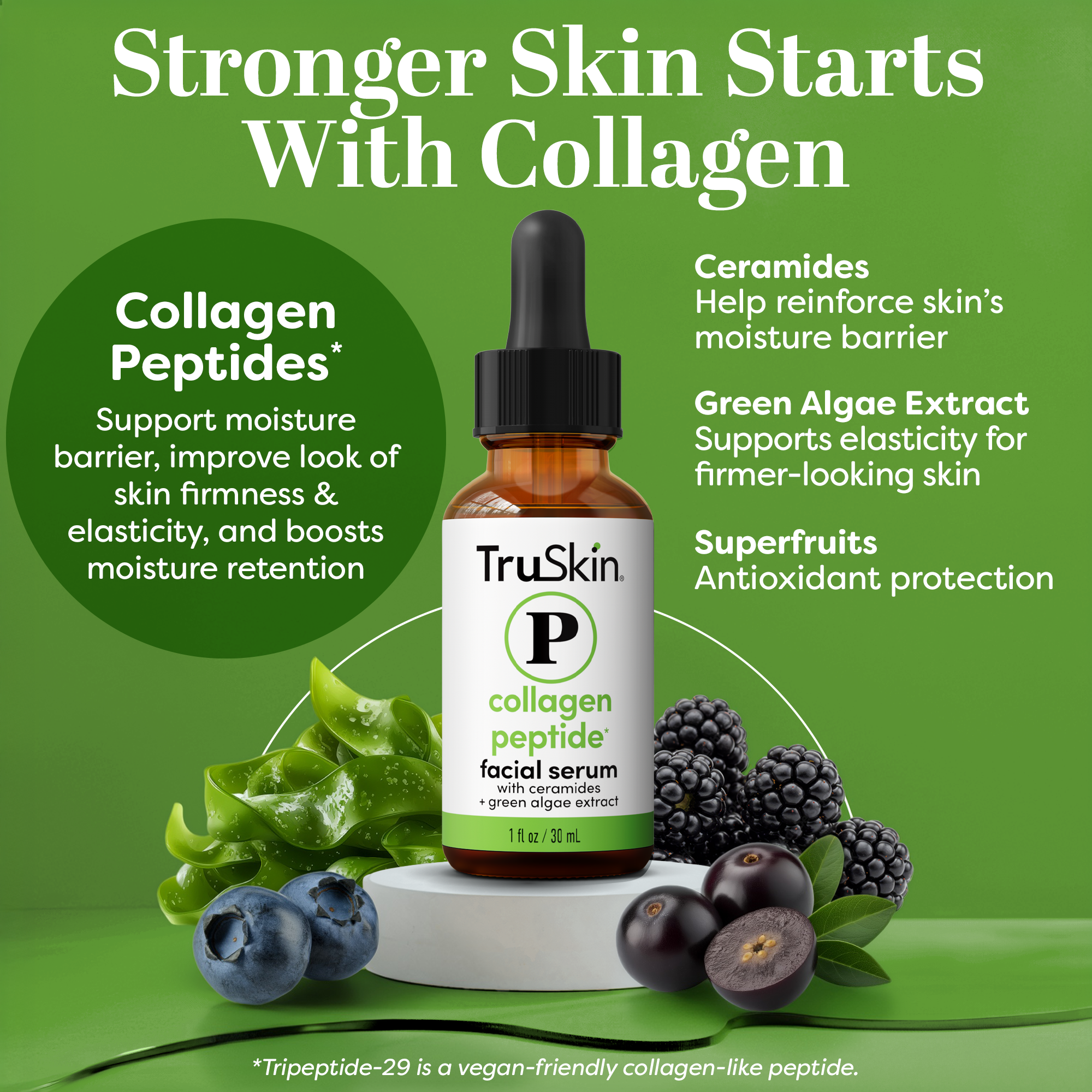 TruSkin collagen peptide facial serum with green background and health benefits text