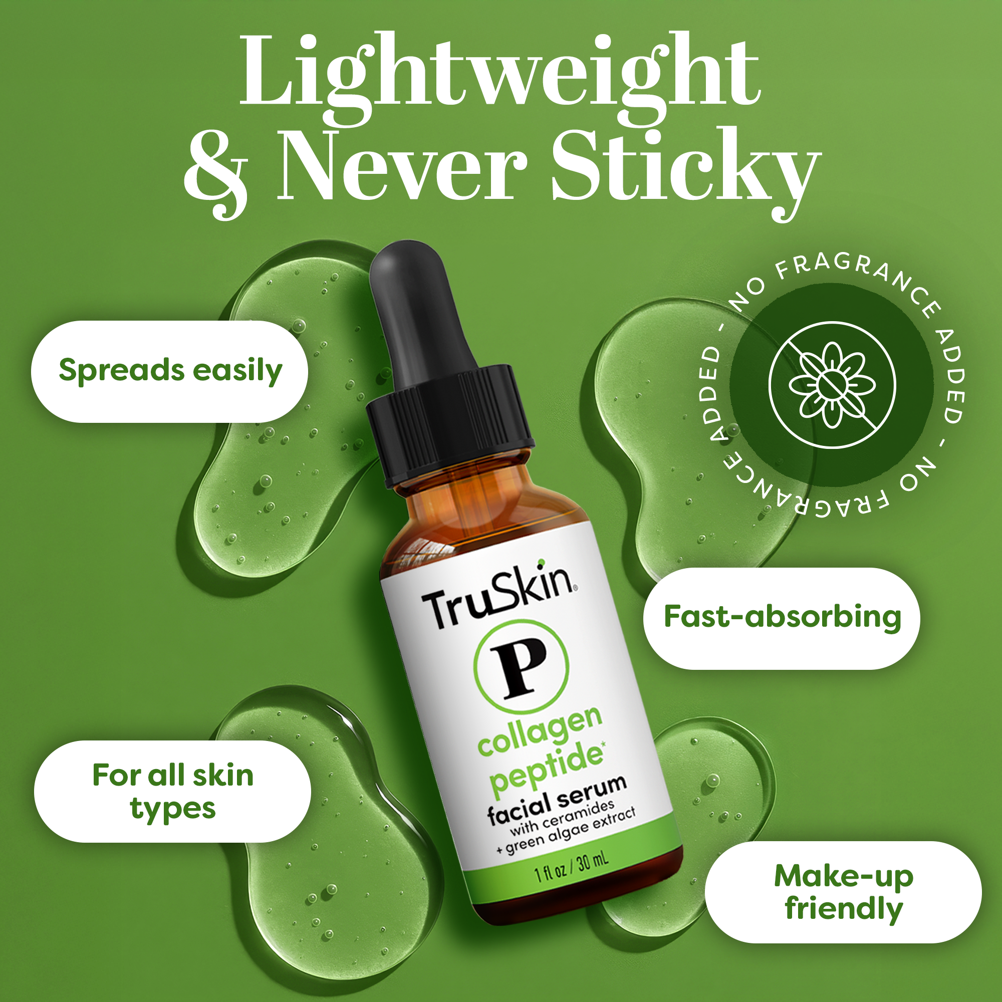 TruSkin collagen peptide facial serum bottle with green background and product features text.