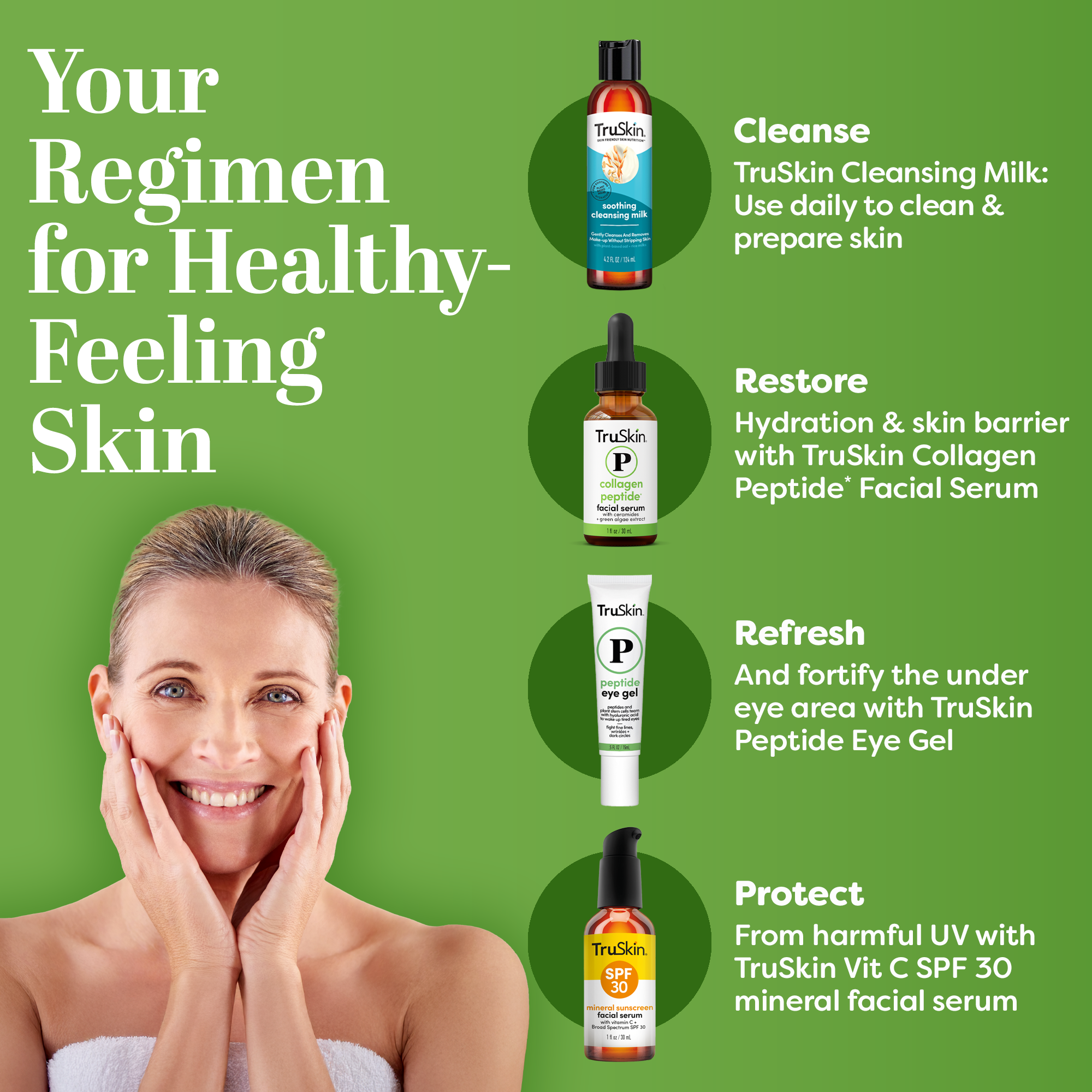 TruSkin skincare product lineup with a woman on a green background