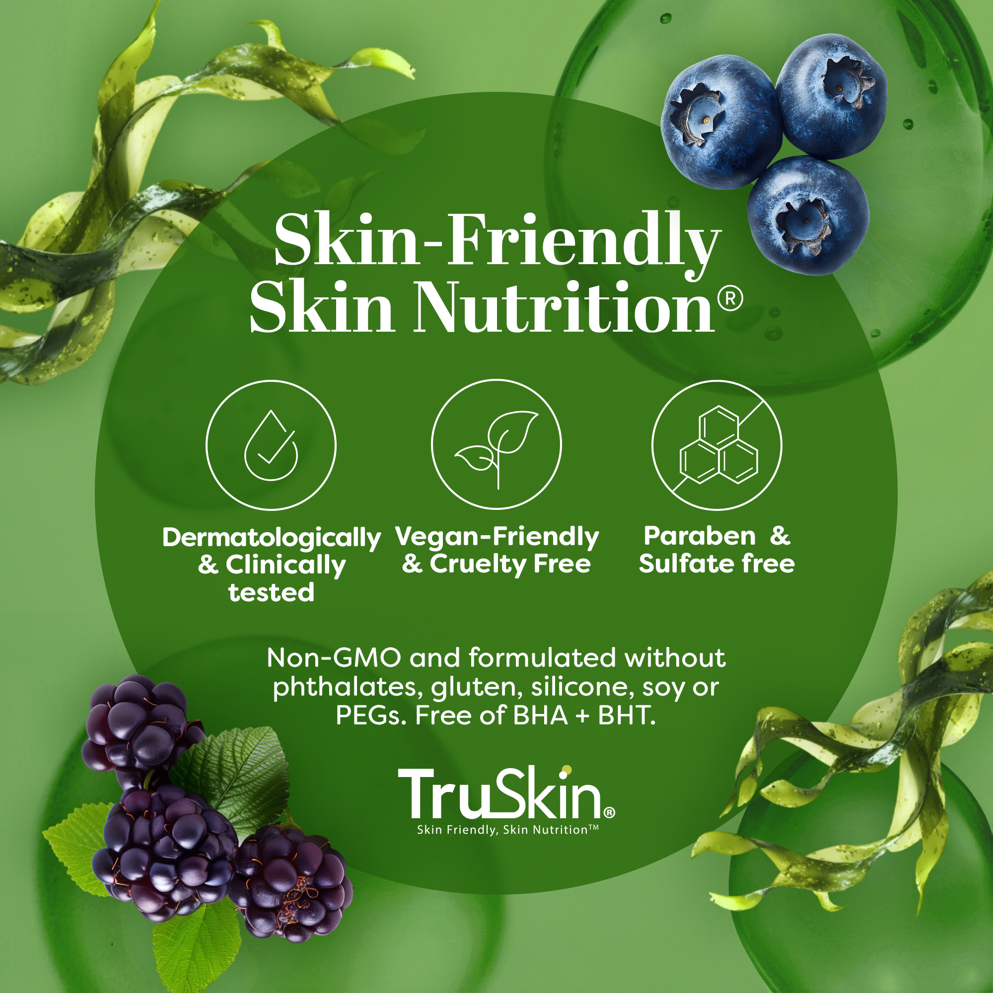 TruSkin Skin Nutrition advertisement with blueberries and blackberries on a green background