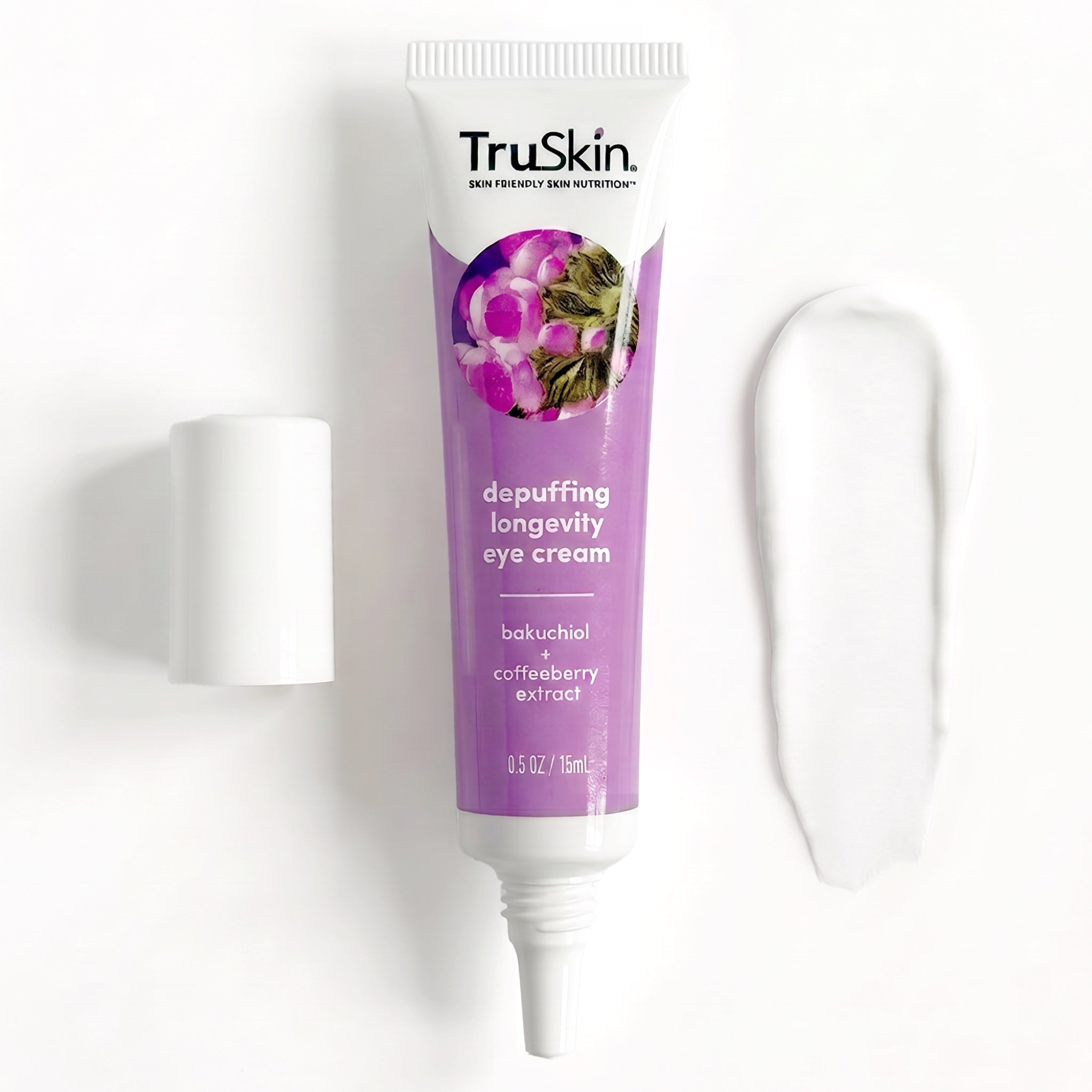 Bakuchiol Depuffing Longevity Eye Cream — shown with a swatch of its texture