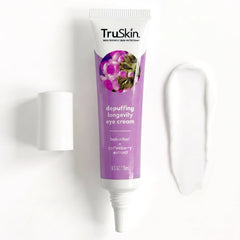 Bakuchiol Depuffing Longevity Eye Cream — shown with a swatch of its texture